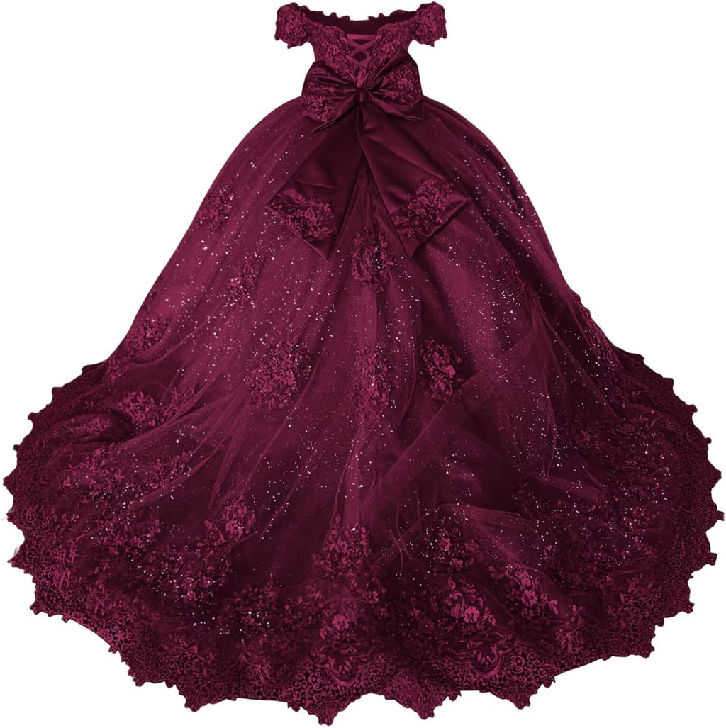 Girls Pageant Dress - Lace Crystal Off Shoulder Ball Gown | AURORE LUXURE