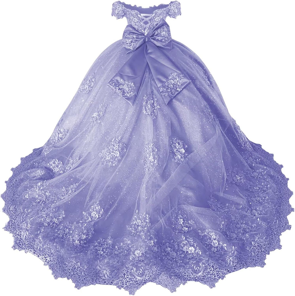 Girls Pageant Dress - Lace Crystal Off Shoulder Ball Gown | AURORE LUXURE