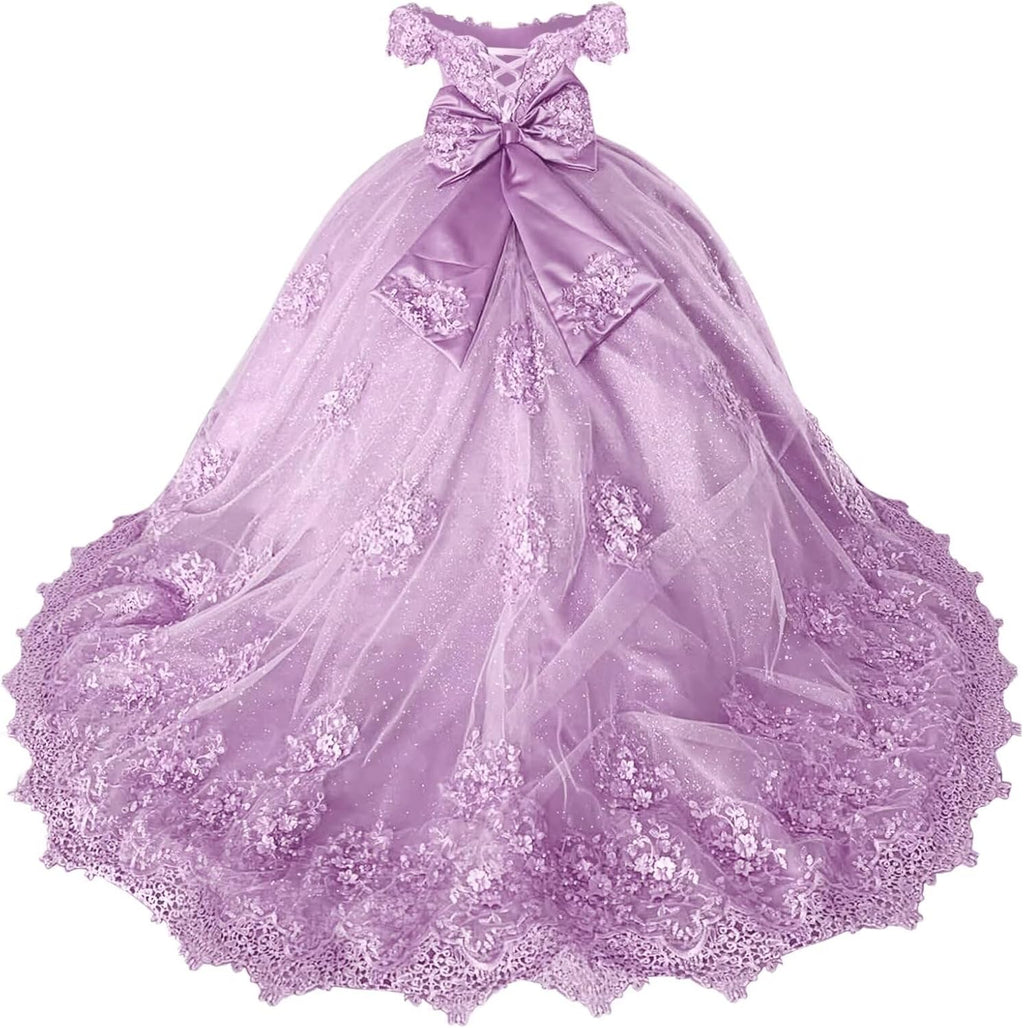 Girls Pageant Dress - Lace Crystal Off Shoulder Ball Gown | AURORE LUXURE