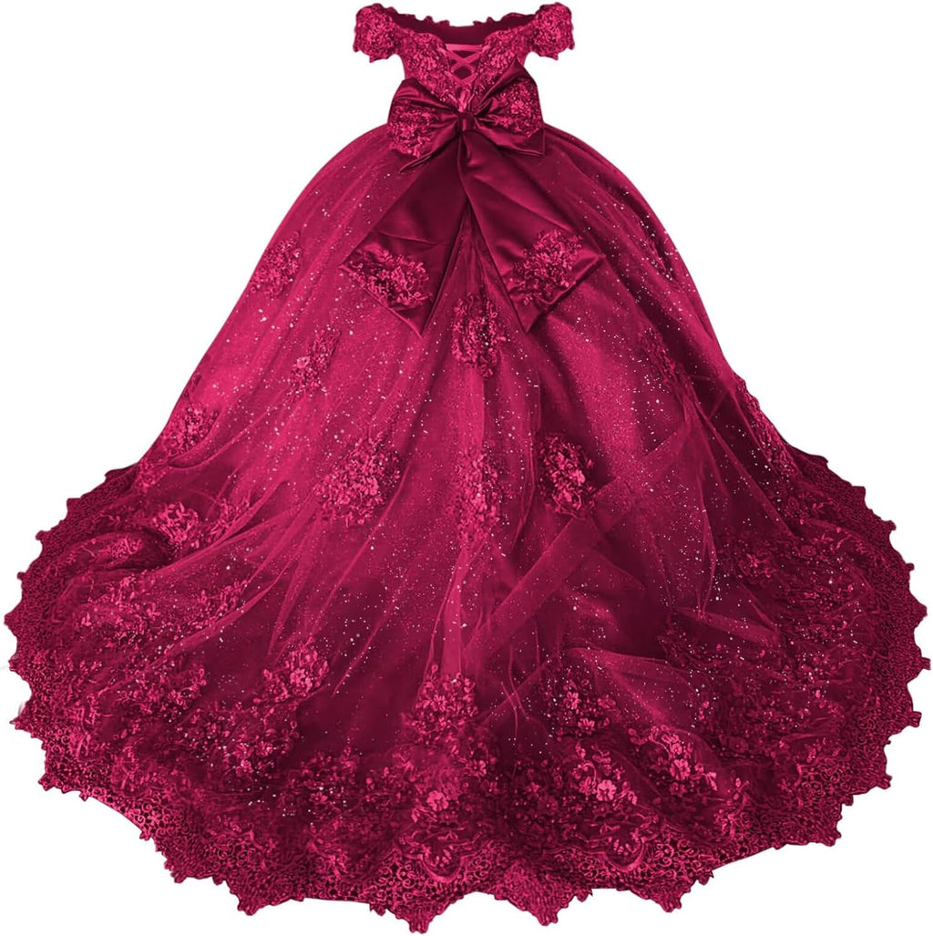 Girls Pageant Dress - Lace Crystal Off Shoulder Ball Gown | AURORE LUXURE
