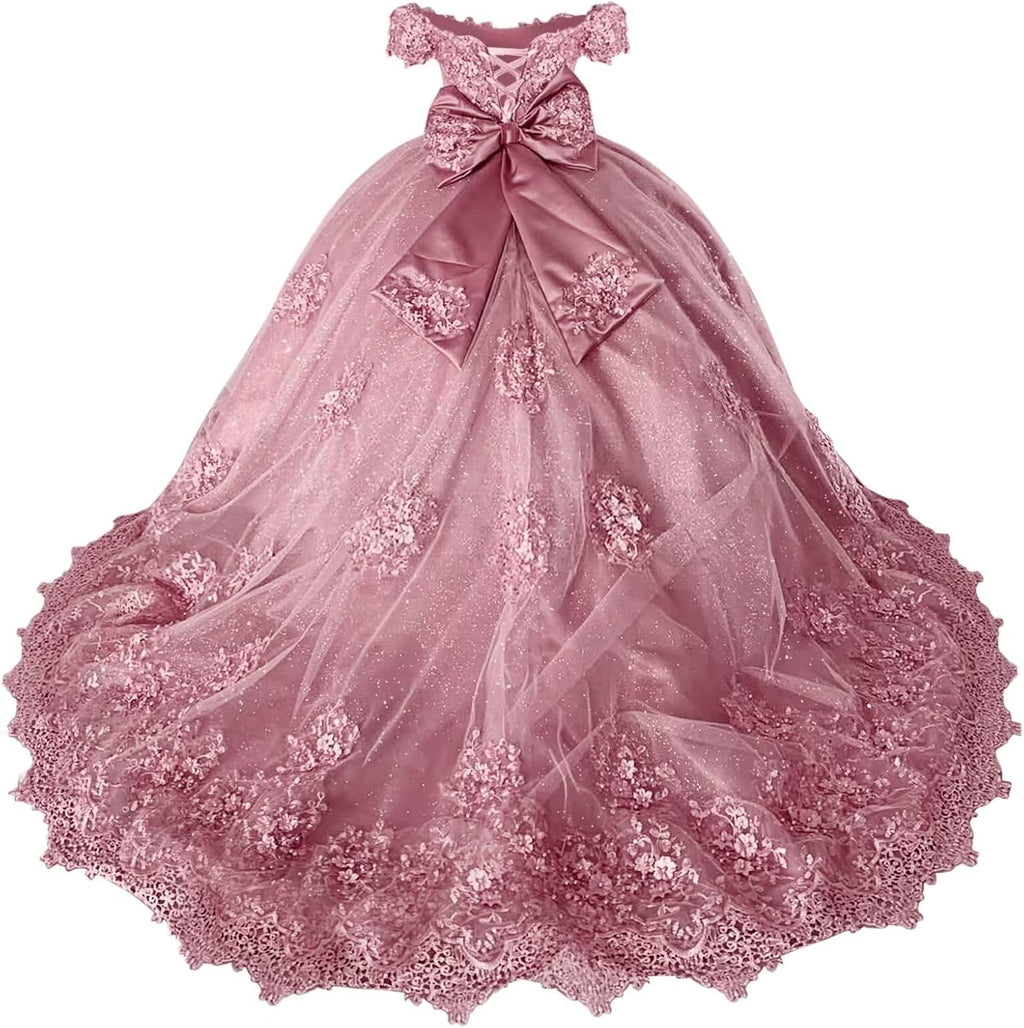 Girls Pageant Dress - Lace Crystal Off Shoulder Ball Gown | AURORE LUXURE