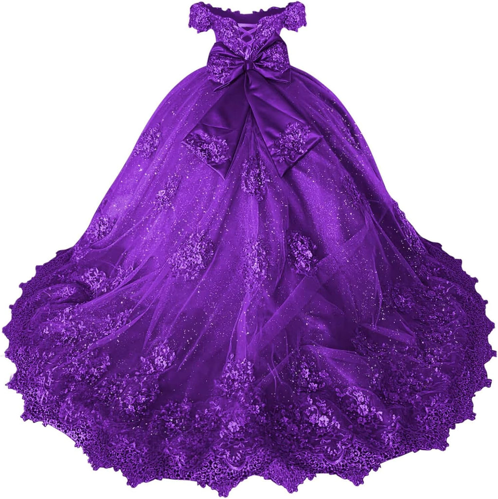 Girls Pageant Dress - Lace Crystal Off Shoulder Ball Gown | AURORE LUXURE