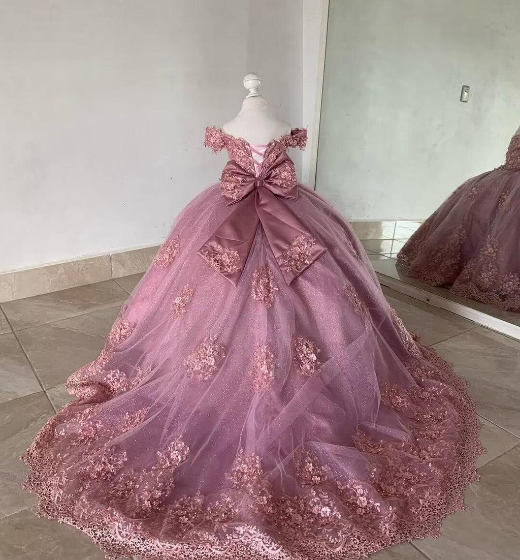 Girls Pageant Dress - Lace Crystal Off Shoulder Ball Gown | AURORE LUXURE