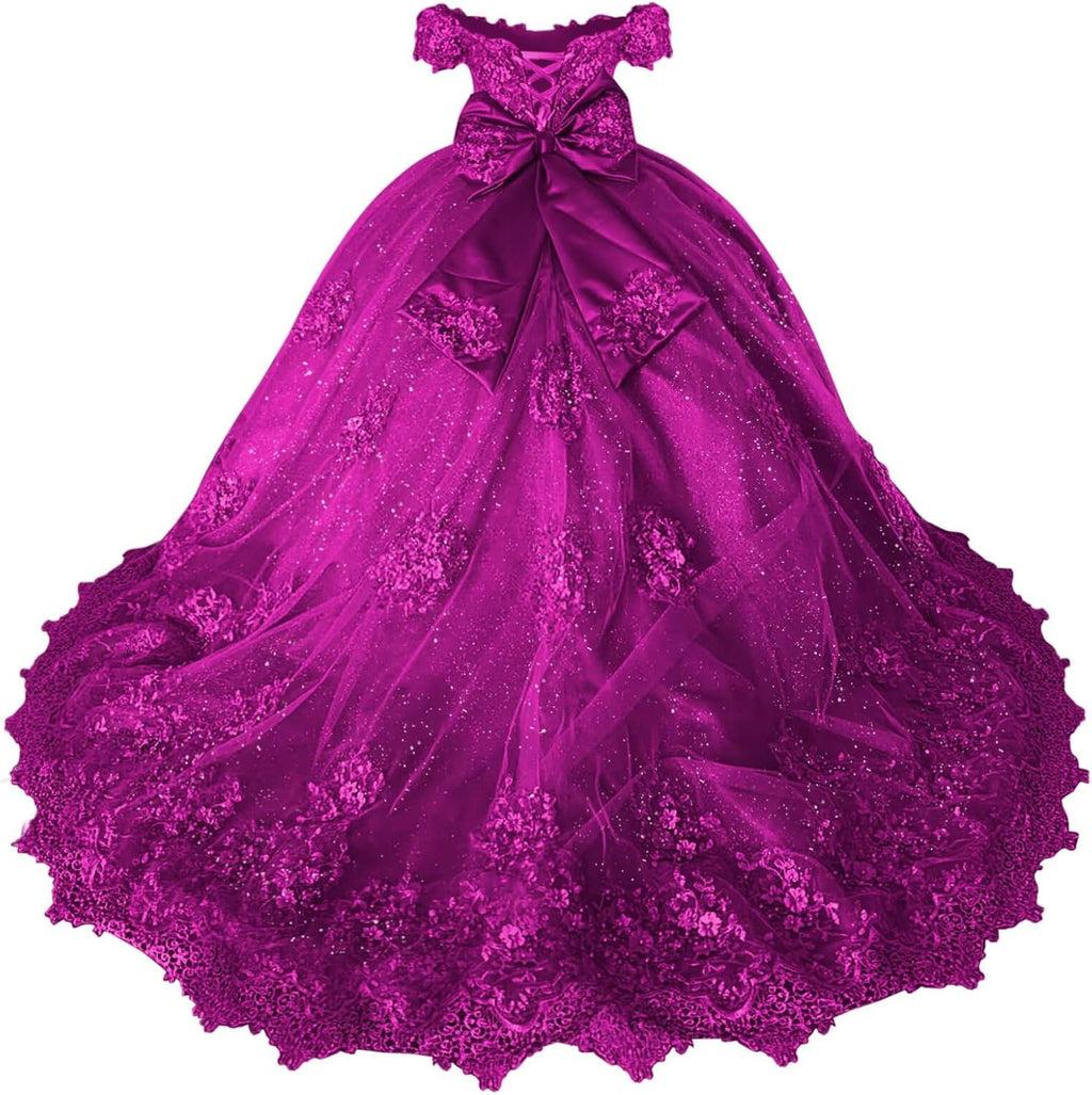 Girls Pageant Dress - Lace Crystal Off Shoulder Ball Gown | AURORE LUXURE