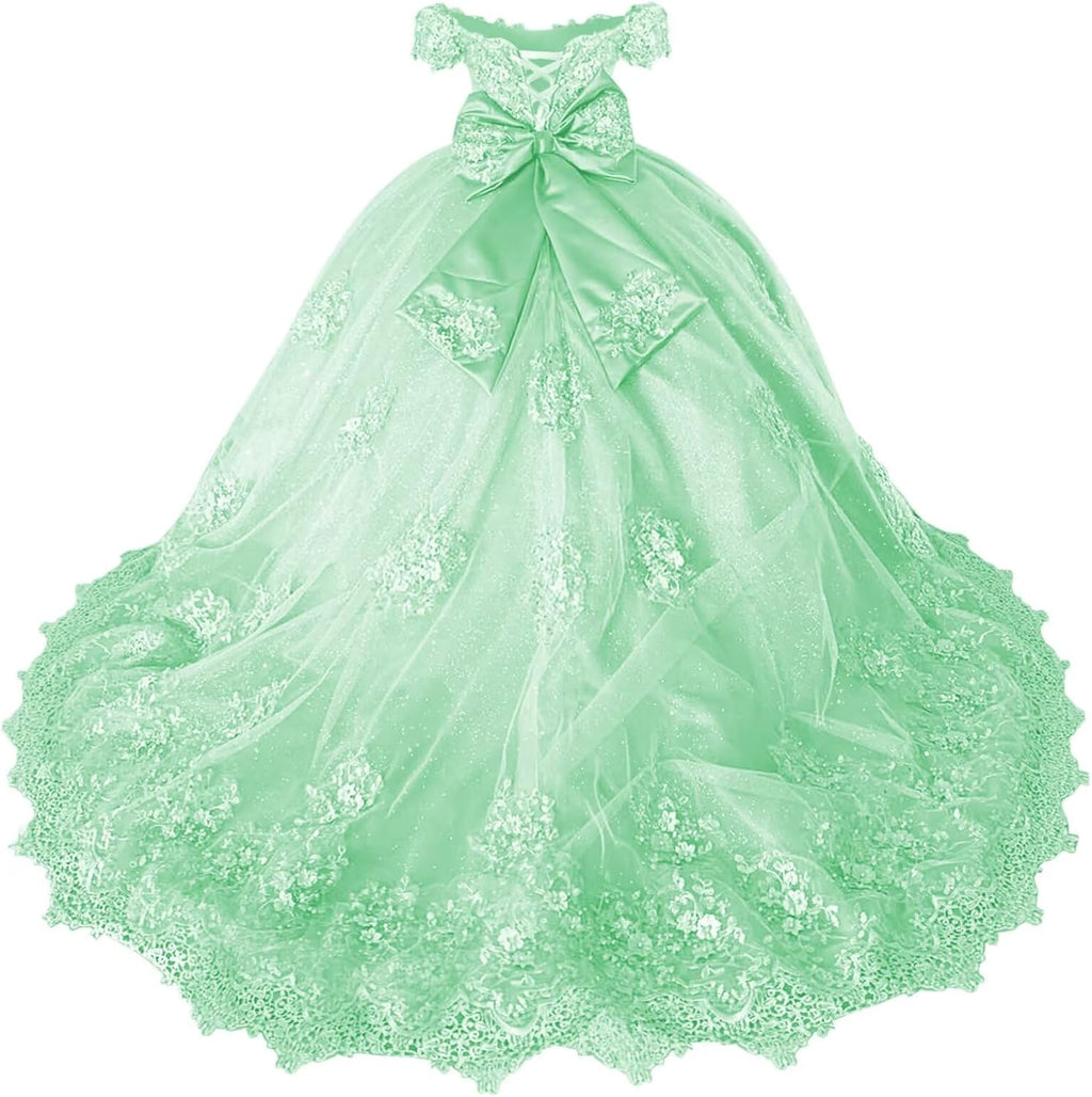 Girls Pageant Dress - Lace Crystal Off Shoulder Ball Gown | AURORE LUXURE