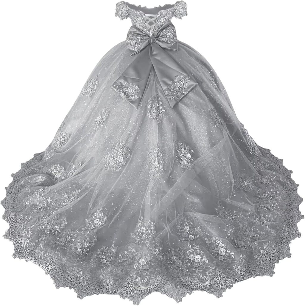 Girls Pageant Dress - Lace Crystal Off Shoulder Ball Gown | AURORE LUXURE