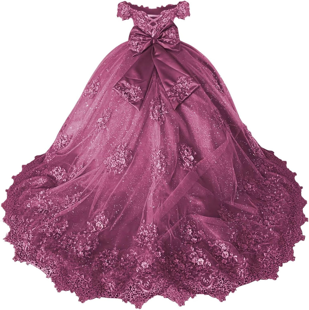 Girls Pageant Dress - Lace Crystal Off Shoulder Ball Gown | AURORE LUXURE