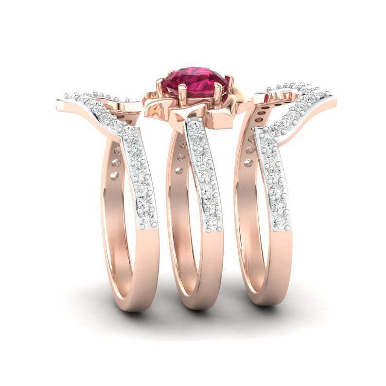 Rose Gold Flower Ring - Exquisite Engagement Wedding Band Set