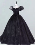 Black sweetheart cap sleeve long tulle prom dress ball gown