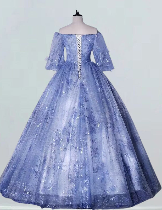 Blue off the shoulder long sleeve floor length lace ball gown quinceanera dress