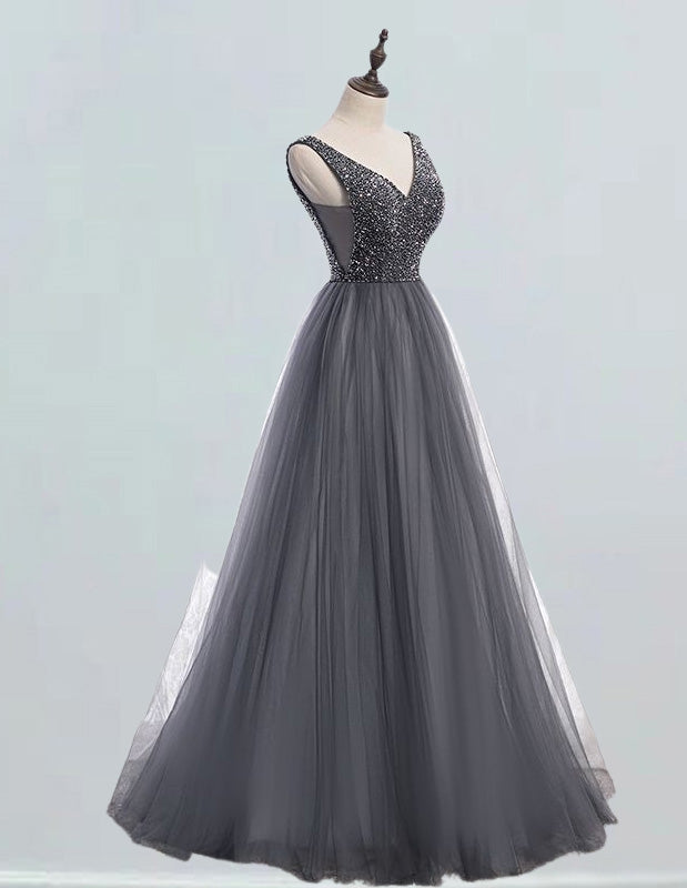 Women's Elegant Gray V-Neck Tulle Prom Dress with Crystal Beading