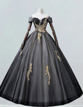 Black off the shoulder princess ball gown gold lace applique wedding gown evening gown