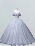 Silver off the shoulder long prom dress ball gown beaded lace fluffy princess party dress long wedding dress