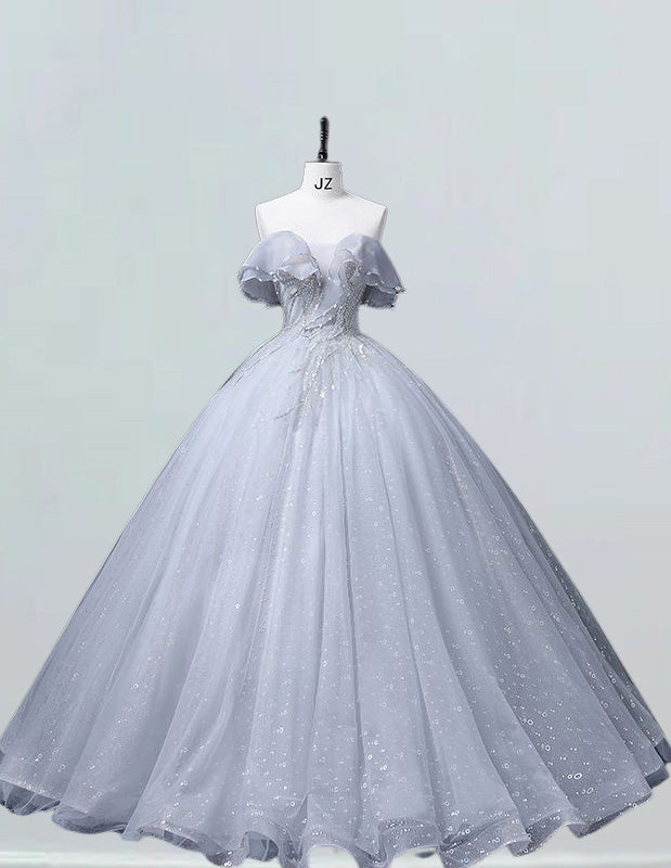 Silver off the shoulder long prom dress ball gown beaded lace fluffy princess party dress long wedding dress