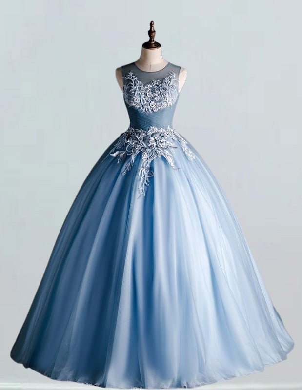 Women's Elegant Blue Beaded Lace Prom Gown with Sleeves | Scoop Neck Evening Dress
