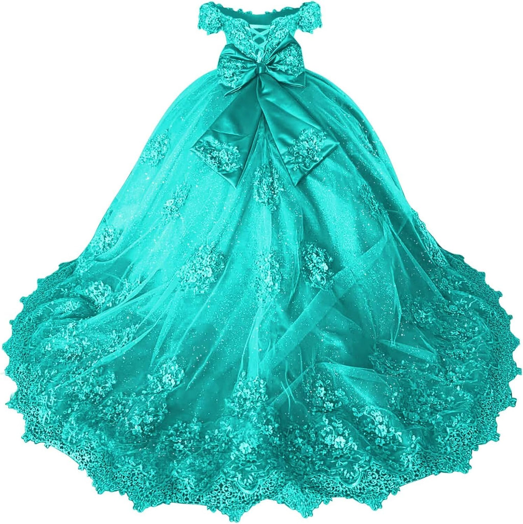 Girls Pageant Dress - Lace Crystal Off Shoulder Ball Gown | AURORE LUXURE