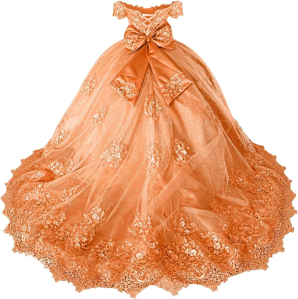 Girls Pageant Dress - Lace Crystal Off Shoulder Ball Gown | AURORE LUXURE