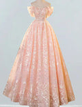 Pink strapless long lace ball gown,beaded prom dress