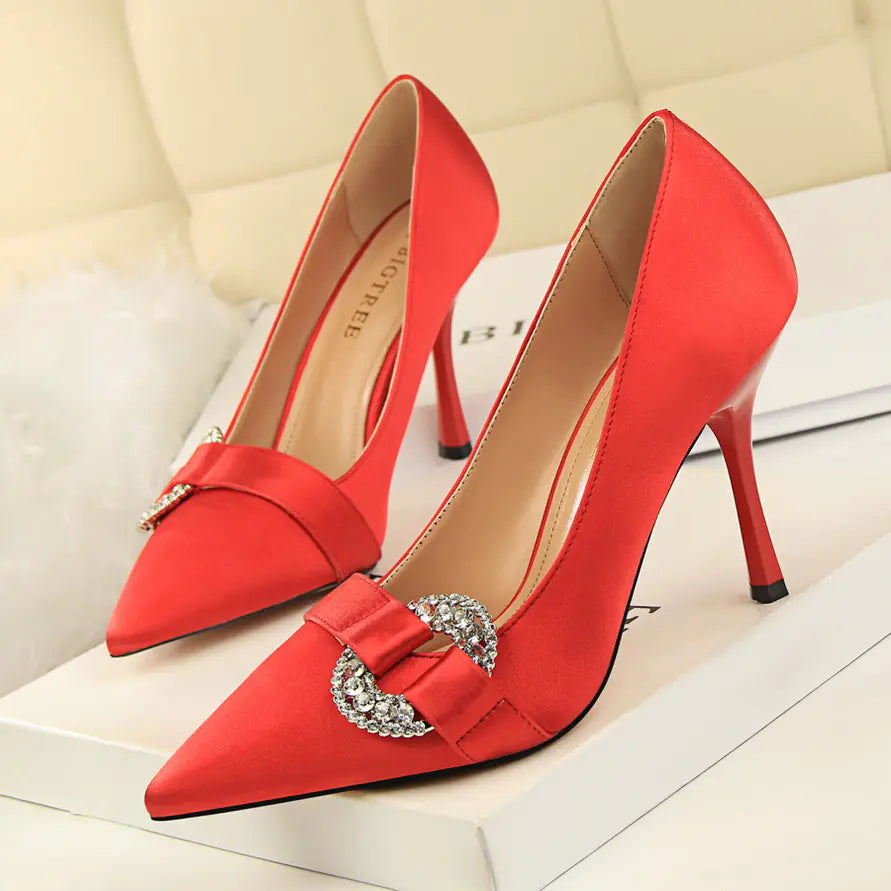 Satin Pointed Toe High Heel Shoes with Rhinestone Buckle