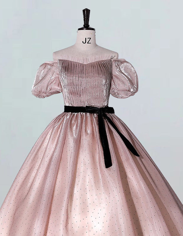 Girls' Pink Pleated Ball Gown | Boat Neck Quinceanera Dress with Sleeves