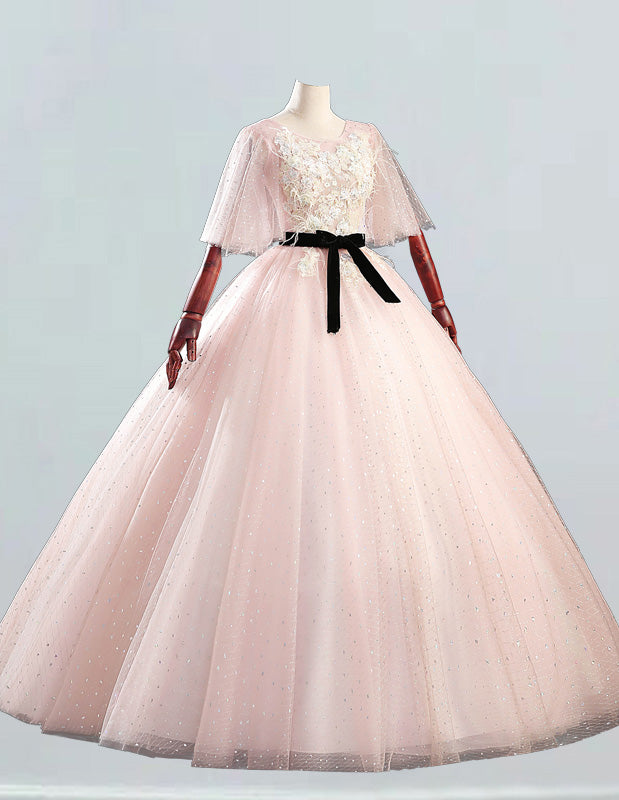 Soft pink prom dress ball gown,A line tulle wedding dress gown,Short sleeve lace formal dress,Sparkle tulle pageant dress