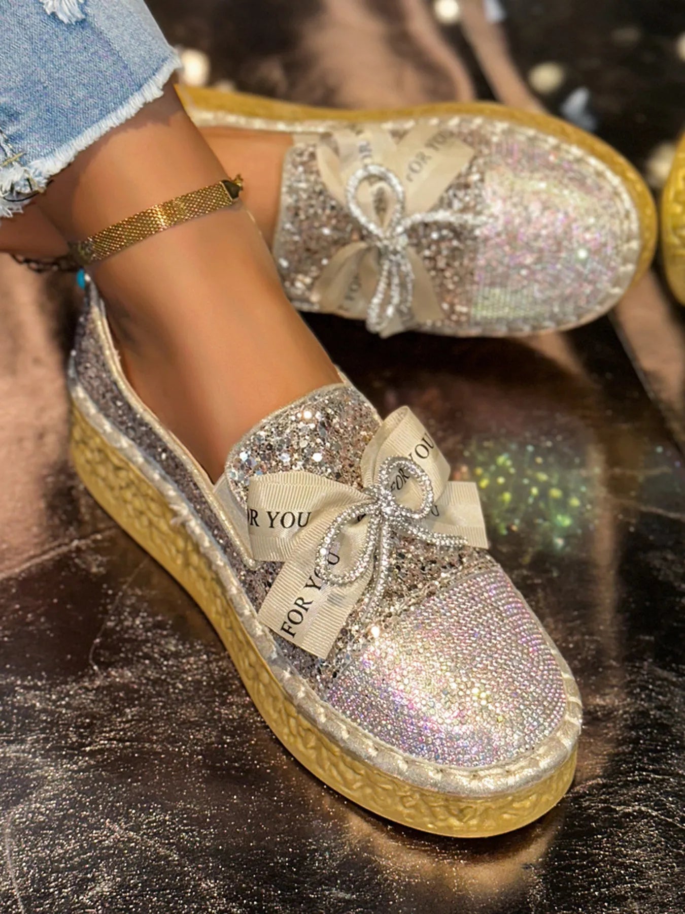 Rhinestone Bow Round Toe Slip-Ons