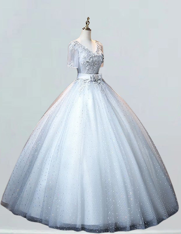 Short Sleeve Sliver Ball Gown V Neck Princess Prom Dress Applique Flower Lace Evening Dress A line Formal Party Gown