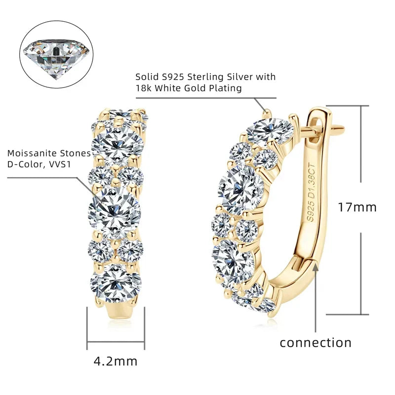 925 Sterling Silver Moissanite Hoop Earrings D Color 2.76CTW Sparkling Wedding