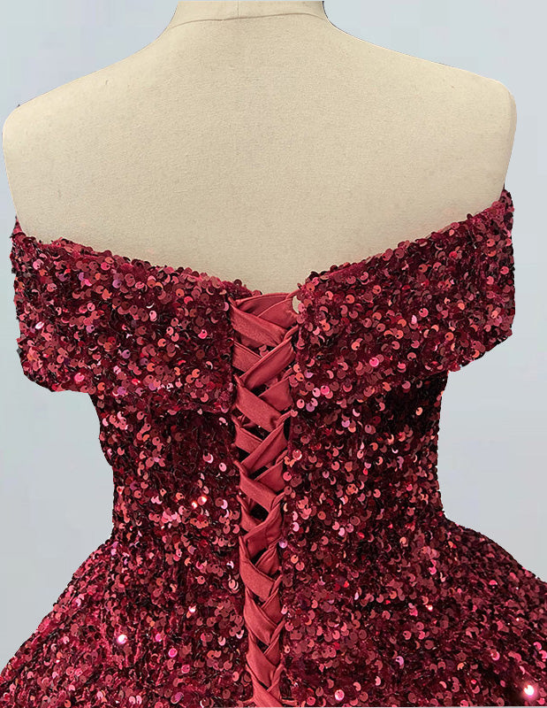 Burgundy Velvet Off-Shoulder Sequined Prom Dress with Long Train
