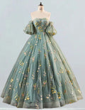 Floral Lace Ball Gown with Detachable Sleeves, Strapless Prom & Party Evening Dress