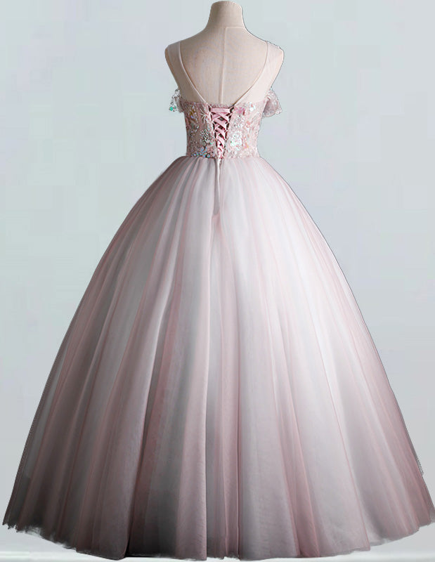 Women's Pink Tulle Ball Gown Bridal Dress with Beading & Sequins - Scoop Neck, Long Sleeve