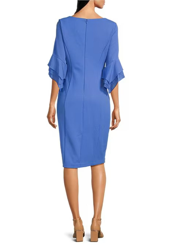 Adrianna Papell Boat Neckline Tiered Bell Sleeves Back Zipper Closure Sheath Silhouette Dress (Plus Size)