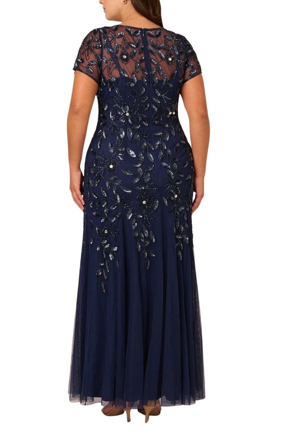 Adrianna Papell Boat Neck Short Sleeves Back Zipper Long Beaded Mesh Dress (Plus Size)
