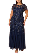 Adrianna Papell Boat Neck Short Sleeves Back Zipper Long Beaded Mesh Dress (Plus Size)