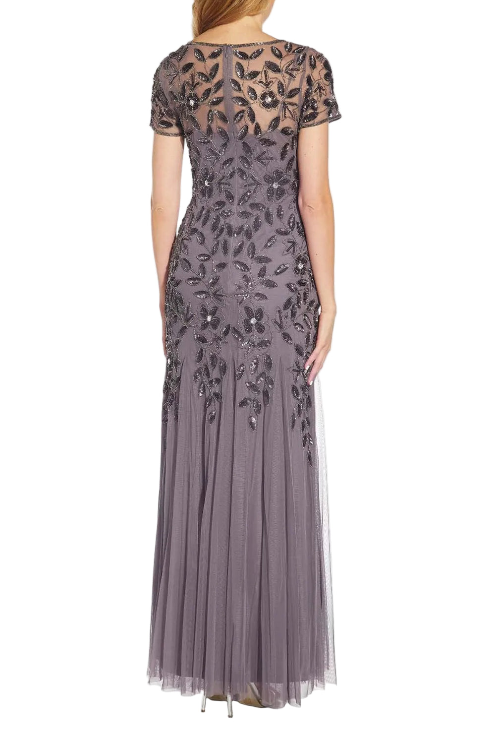 Adrianna Papell Boat Neck Short Sleeves Back Zipper Long Beaded Mesh Dress