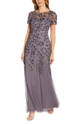 Adrianna Papell Boat Neck Short Sleeves Back Zipper Long Beaded Mesh Dress