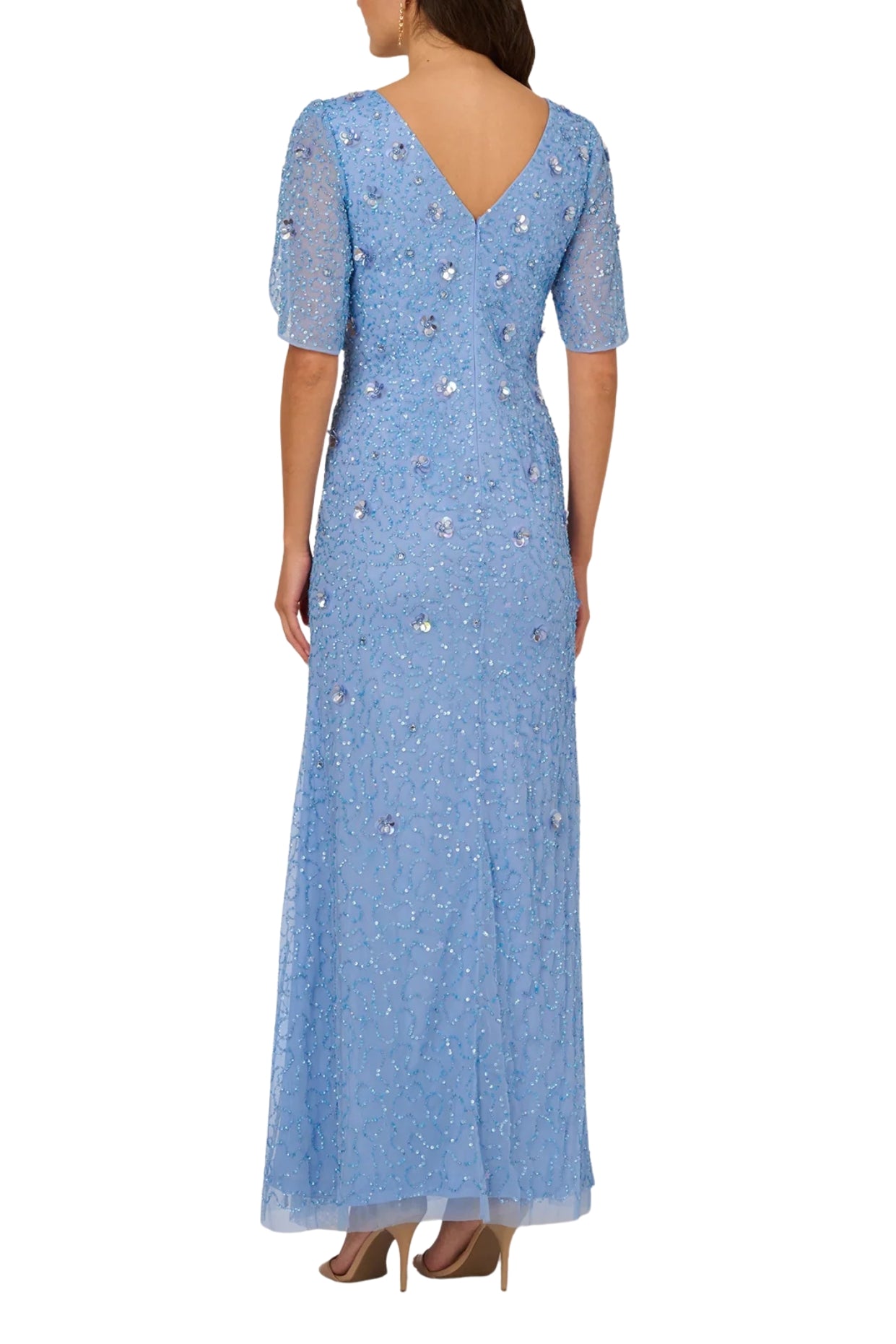 Adrianna Papell Bluebell Beaded V-Neckline Tulip Sleeves Maxi Mermaid Dress