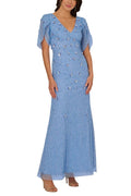 Adrianna Papell Bluebell Beaded V-Neckline Tulip Sleeves Maxi Mermaid Dress