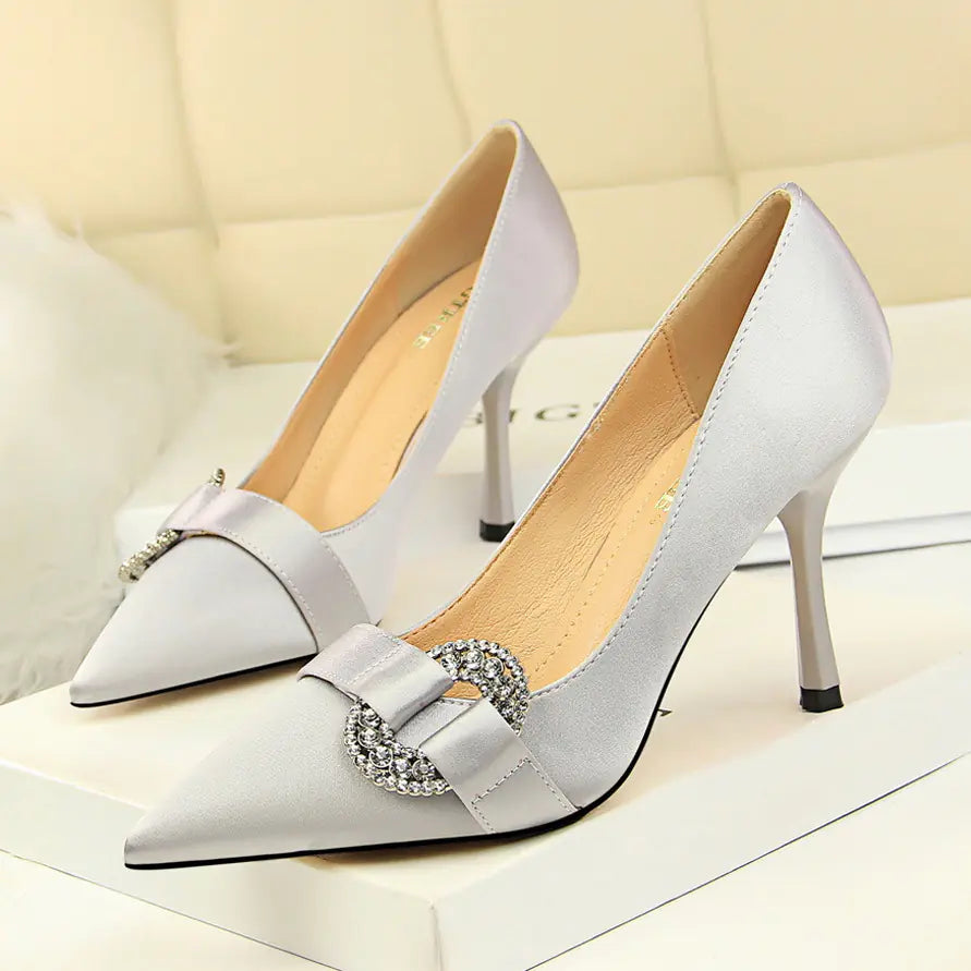 Satin Pointed Toe High Heel Shoes with Rhinestone Buckle