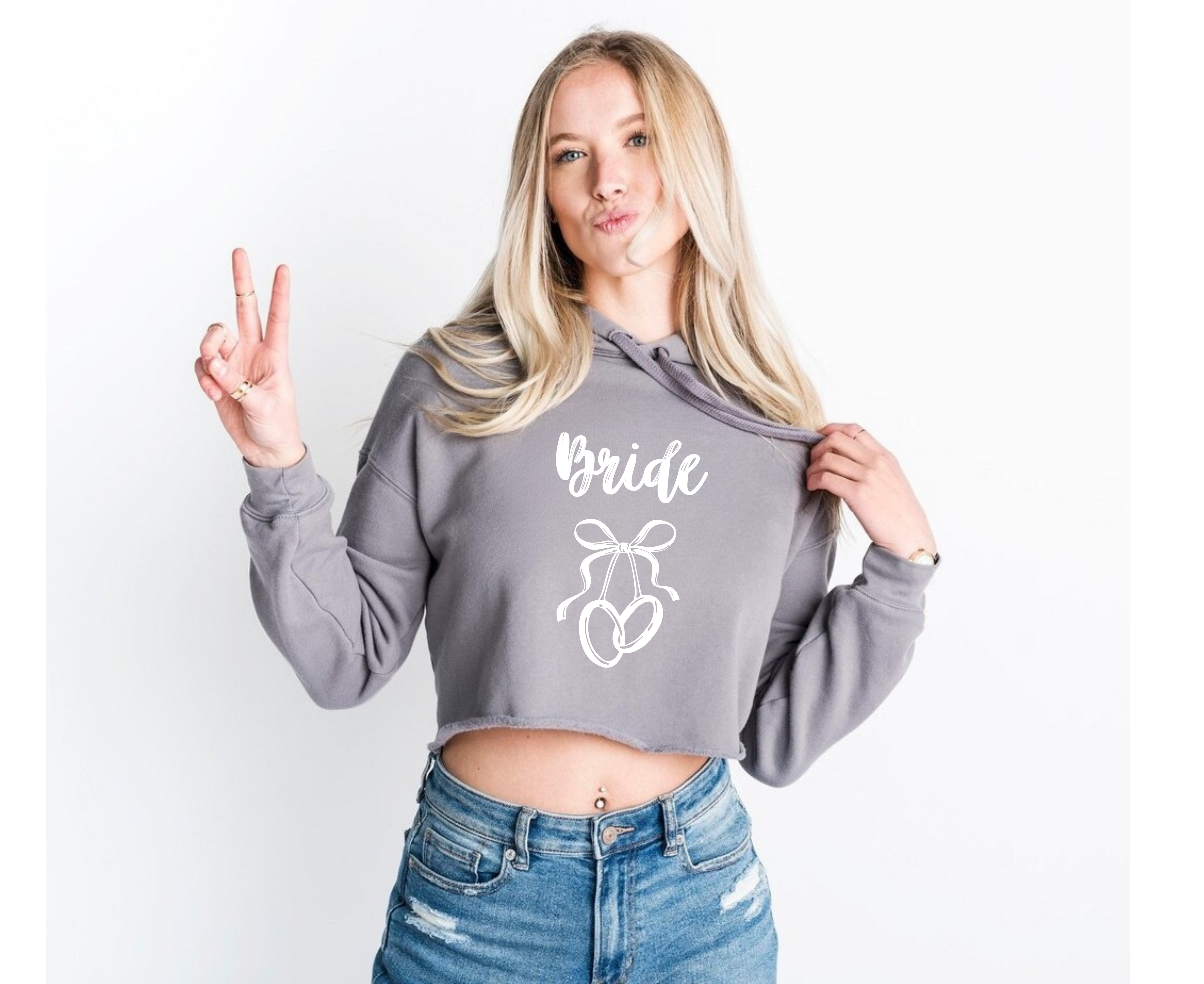 Customizable: Bride Interlocking Rings Cropped Fleece Hoodie