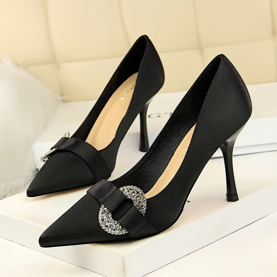 Satin Pointed Toe High Heel Shoes with Rhinestone Buckle