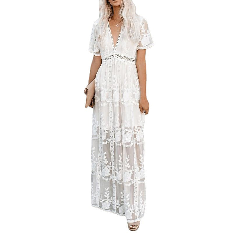 Summer Boho Women Maxi Dress Loose Embroidery White Lace Long Tunic Beach Dress Vacation Holiday Women Clothing