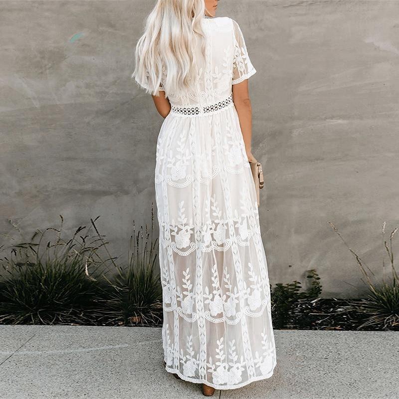 Summer Boho Women Maxi Dress Loose Embroidery White Lace Long Tunic Beach Dress Vacation Holiday Women Clothing