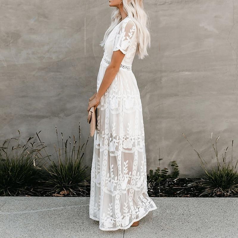 Summer Boho Women Maxi Dress Loose Embroidery White Lace Long Tunic Beach Dress Vacation Holiday Women Clothing