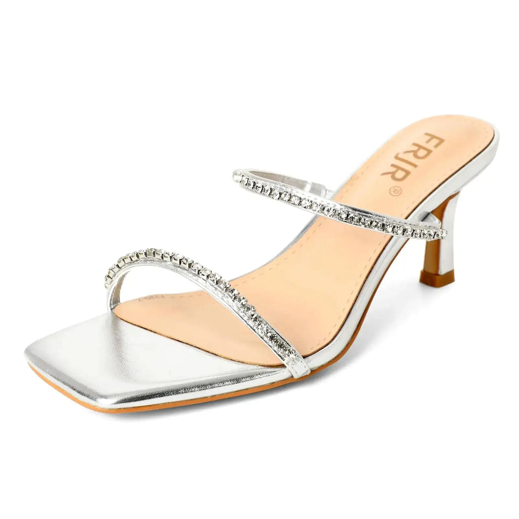 FRJR Womens Dress Shoes Kitten Heel Rhinestones Open Toe Heels Square Toe Sandals Low Wedding Shoes Party Shoes Dress Shoes