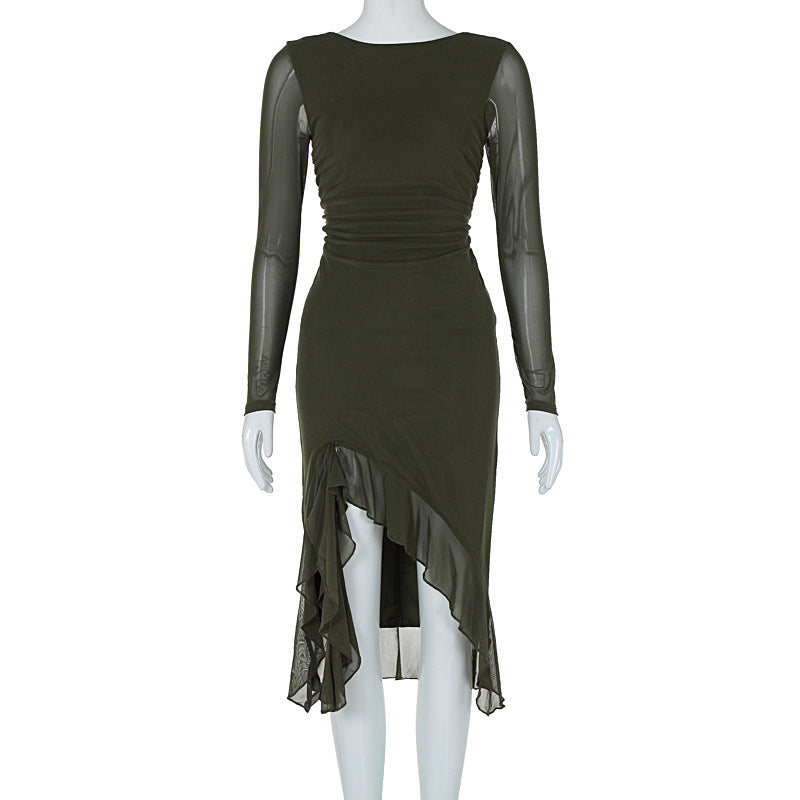 Women Clothing Summer Mesh Long Sleeve Backless Slit Ruffled Dress