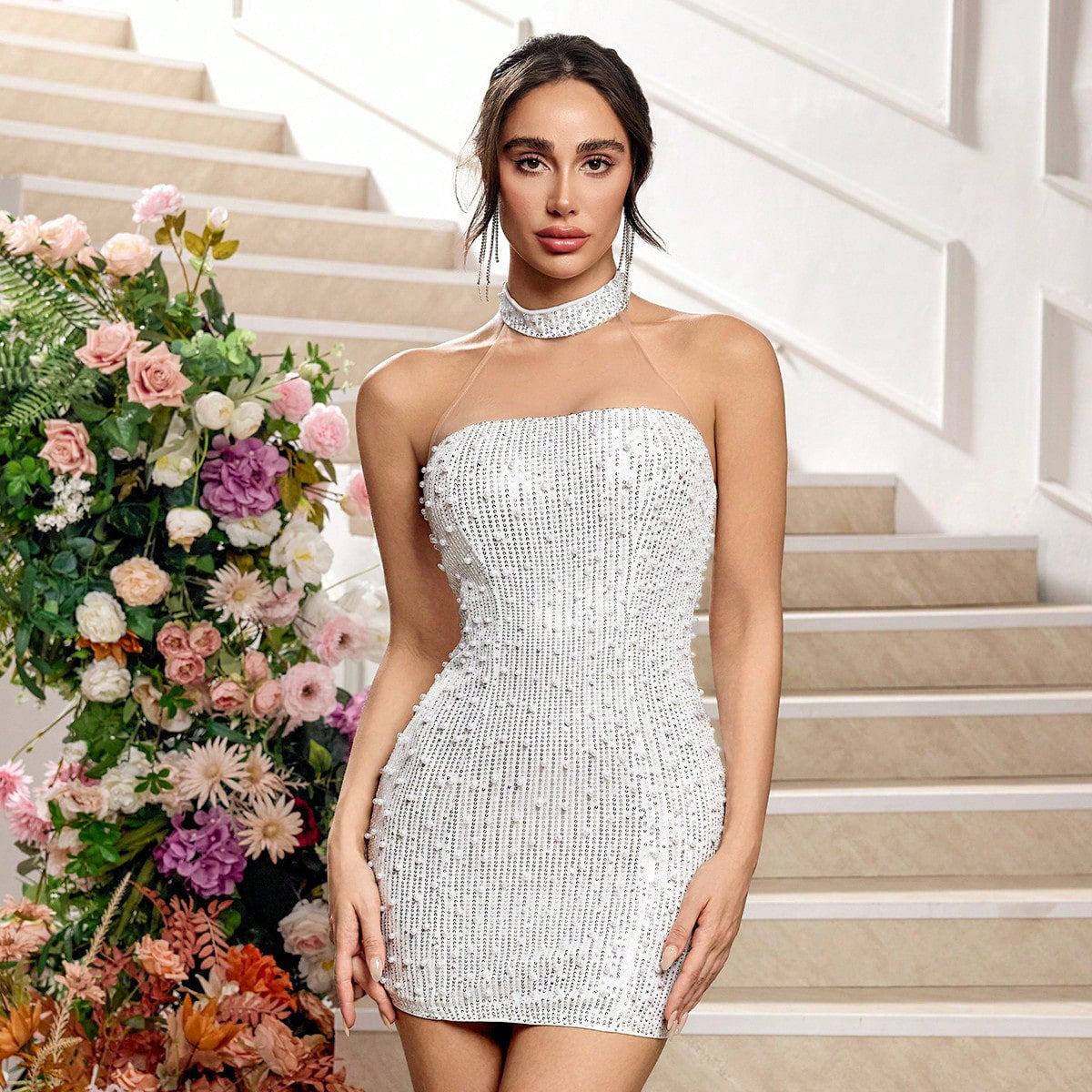 Women Solid Color Sexy Chest Hollow Out Cutout Lace Evening Dress Hip Wrapped Cocktail Dress