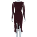 Women Clothing Summer Mesh Long Sleeve Backless Slit Ruffled Dress