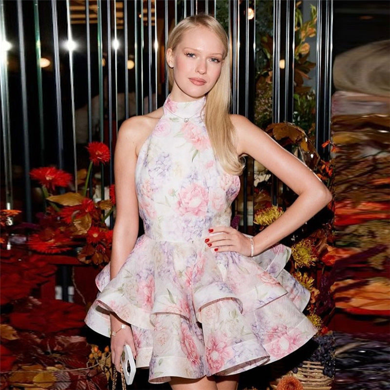 Spring Women Printed Short Sexy Backless Halter Slim Fit Dress