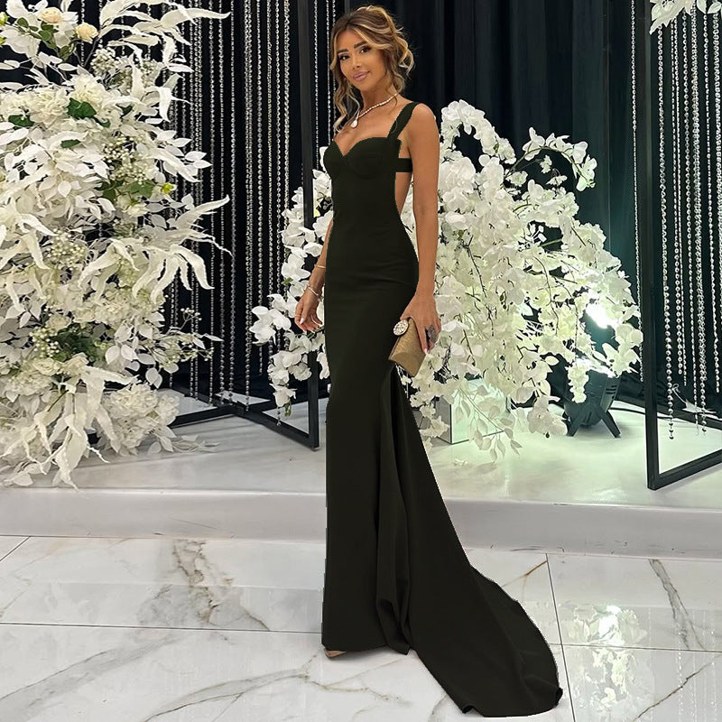 Solid Color Women Slim Fit Trailing Hip Pleated Suspender Maxi Dress Party Dress